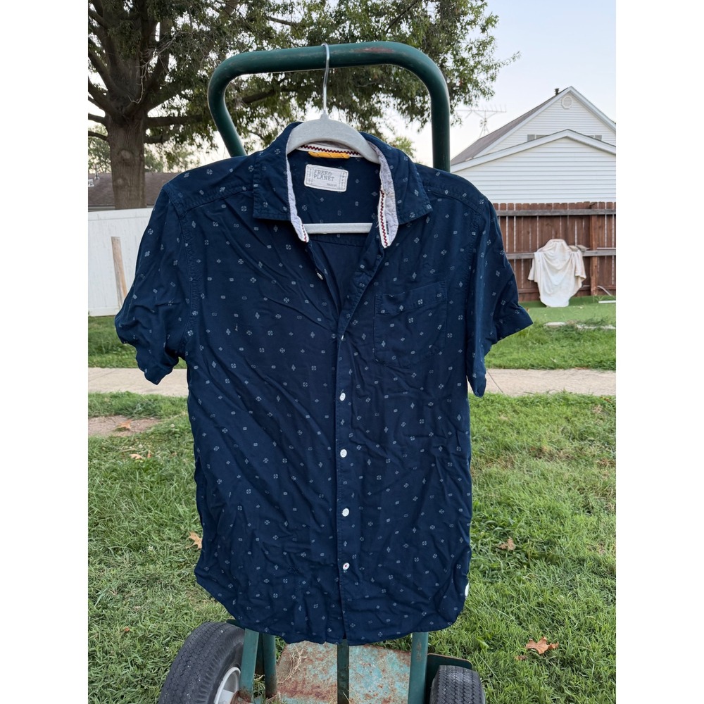 Free Planet Mens Navy Blue Geometric Print Short Sleeve Button Down Shirt Medium